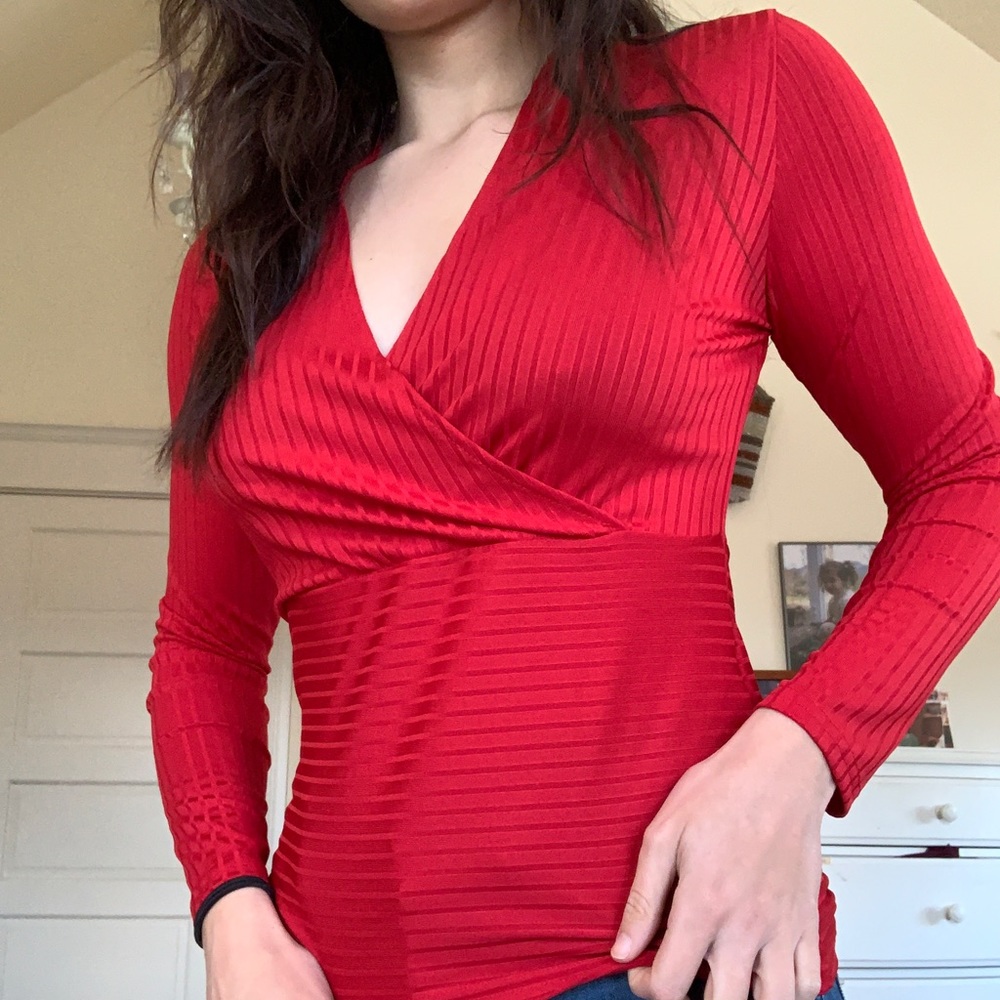 Red Ribbed Long Sleeve Shirt